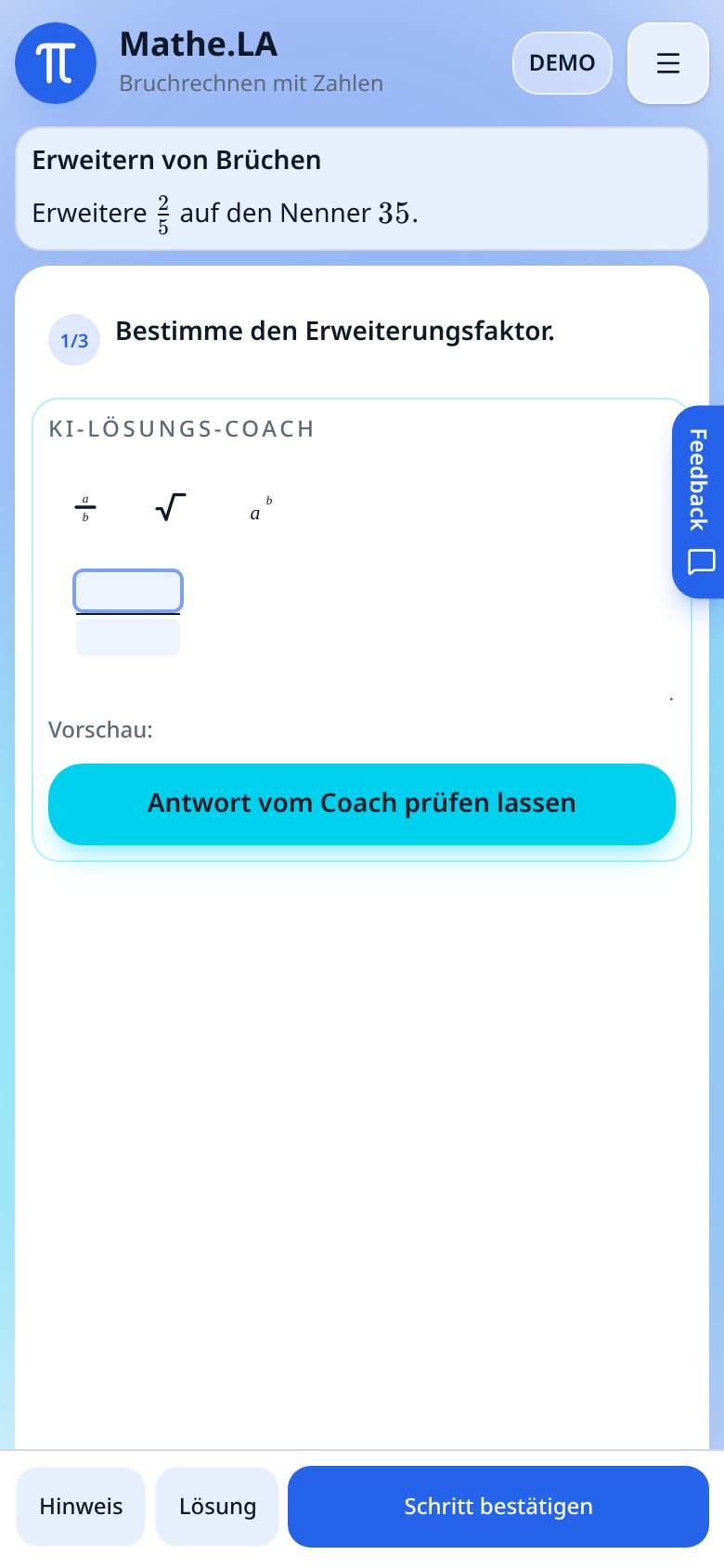 Leerer Bruch im Eingabefeld mit Cursor im Zähler