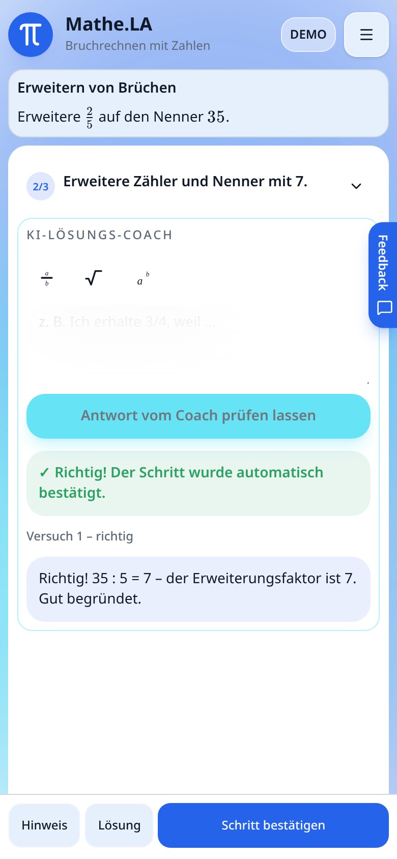 Antwort des KI-Coachs am Handy, der Schritt wurde automatisch bestätigt